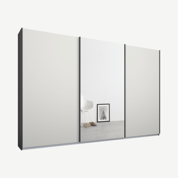 Malix kledingkast met 3 schuifdeuren, 270 cm grafietgrijs frame, mat wit en spiegeldeuren, standaard binnenkant