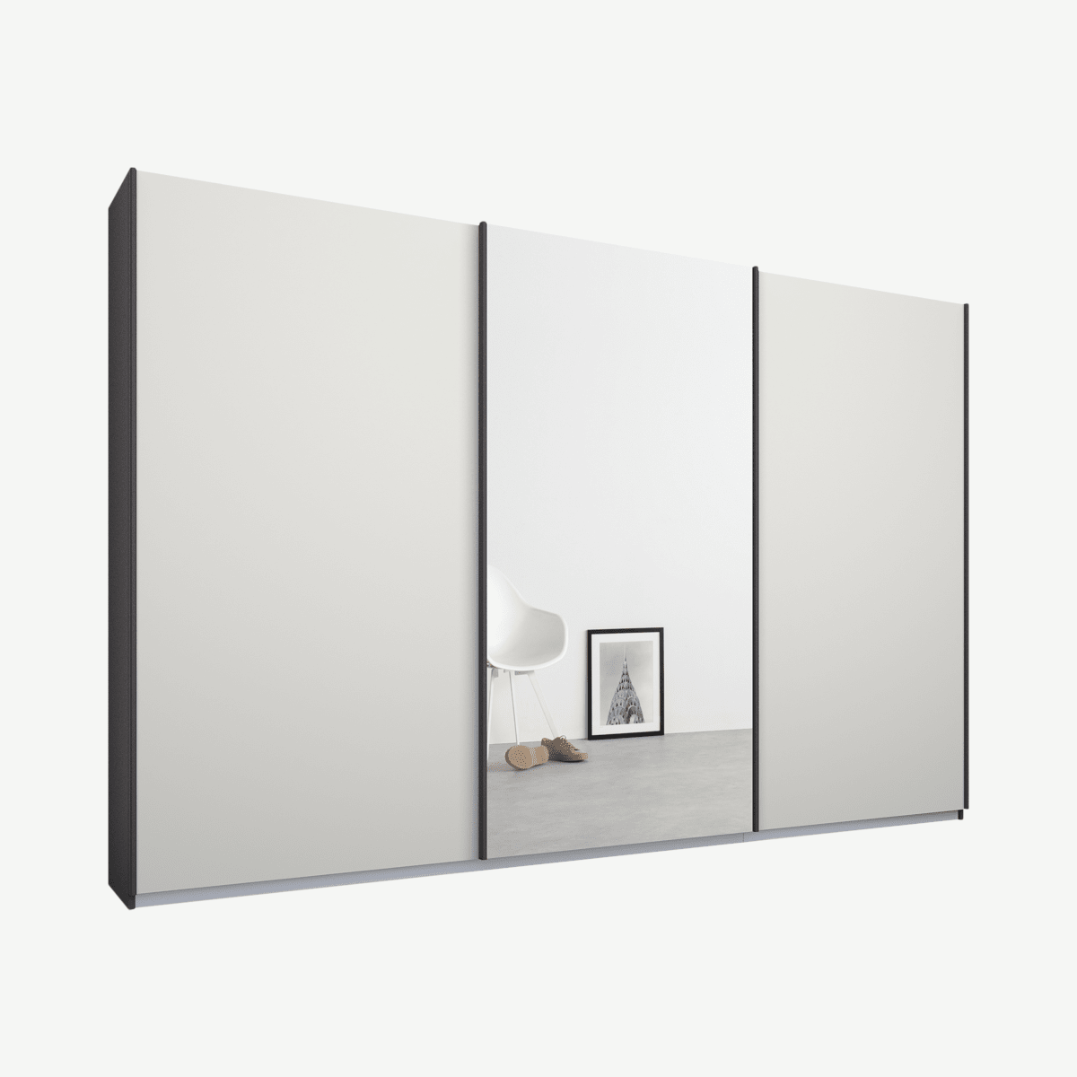 81876e7b42b2be445f9e830936d497bd65e4a7b8_WDIMAL092OMR_UK_Malix_3_door_270cm_Sliding_Wardrobe_Graphite_Grey_frame_matte_White_Mirror_door.png Malix kledingkast met 3 schuifdeuren, 270 cm grafietgrijs frame, mat wit en spiegeldeuren, standaard binnenkant