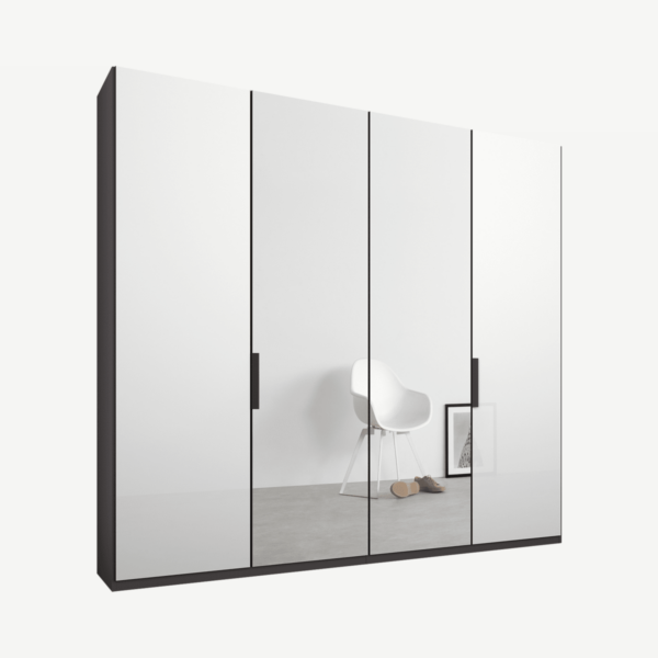 Caren Malix kledingkast met 4 deuren, 200 cm, grafietgrijs frame, wit glas en spiegeldeuren, standaard