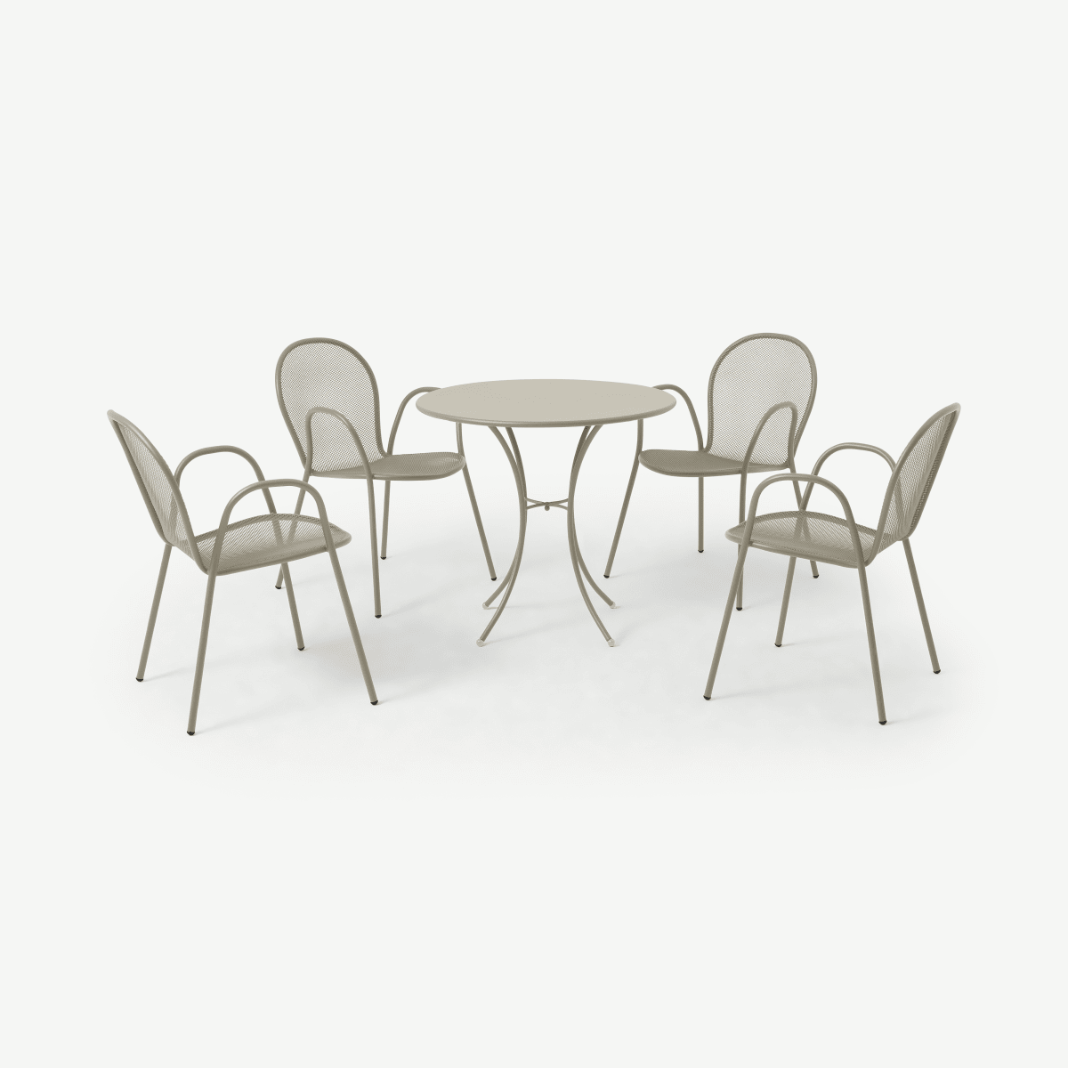 Emu ronde tuintafel met 4 stoelen van gepoedercoat staal, lichtgrijs