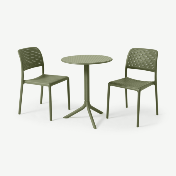 Nardi bistroset met 2 stoelen, glasvezel en hars, olijfgroen