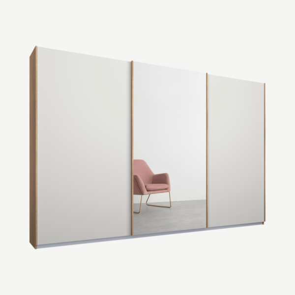 Malix kledingkast met 3 schuifdeuren, 270 cm eiken frame, mat wit en spiegeldeuren, standaard binnenkant