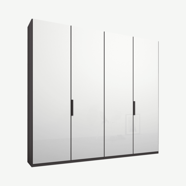 Caren Malix kledingkast met 4 deuren, 200 cm, grafietgrijs frame, witte, glazen deuren, standaard