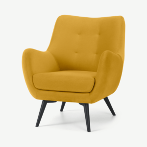 Hilda fauteuil, zinkgeel en donker houten poten