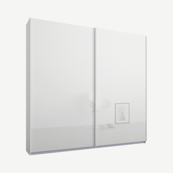 Malix tweedeurs kledingkast met schuifdeuren, 181 cm, wit frame, witte glazen deuren, standaard interieur