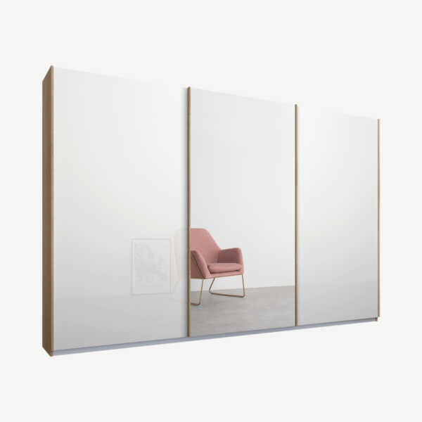 Malix driedeurs kledingkast met schuifdeuren, 270 cm, eiken frame, wit glas en spiegeldeuren, klassiek interieur