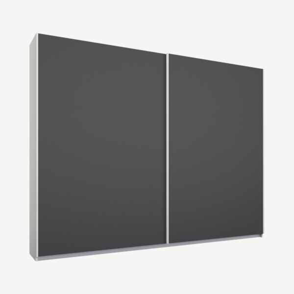 Malix kledingkast met 2 schuifdeuren, 225 cm, wit frame, matte grafietgrijze deuren, standaard binnenkant