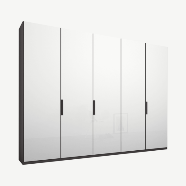 Caren Malix kledingkast met 5 deuren, 250 cm, grafietgrijs frame, witte, glazen deuren, standaard