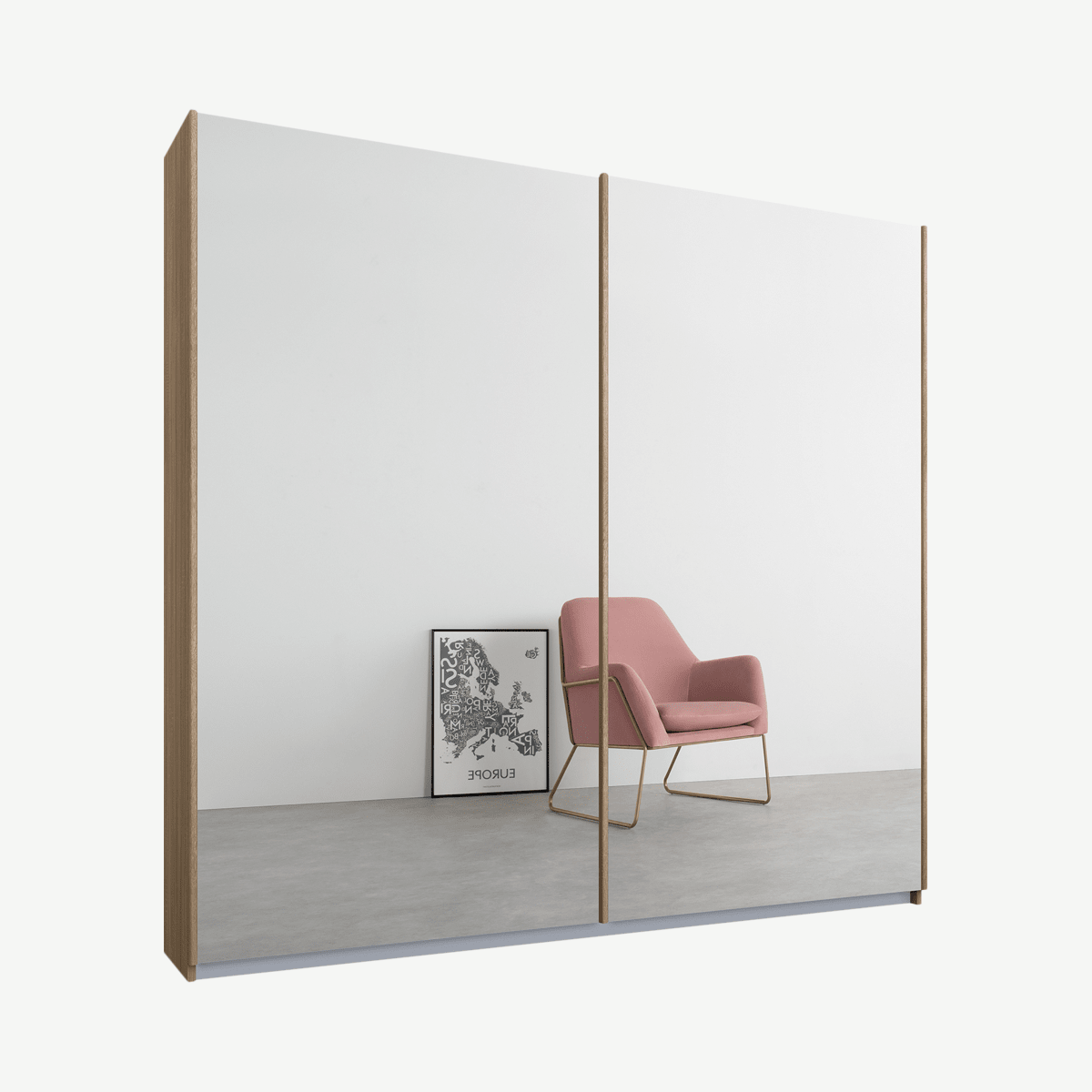 Malix tweedeurs kledingkast met schuifdeuren, 181 cm, eiken frame, spiegeldeuren, standaard interieur