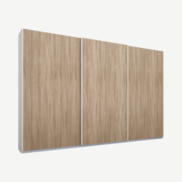 Malix driedeurs kledingkast met schuifdeuren, 270 cm, wit frame, eiken deuren, premium interieur