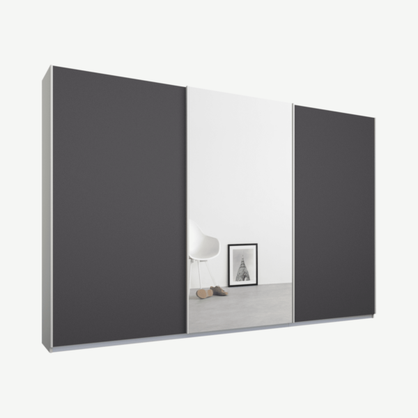 Malix kledingkast met 3 schuifdeuren, 270 cm wit frame, mat grafietgrijs en spiegeldeuren, standaard binnenkant