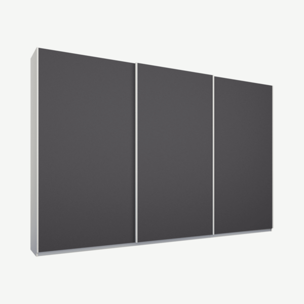 Malix driedeurs kledingkast met schuifdeuren, 270 cm, wit frame, mat grafietgrijze deuren, premium interieur