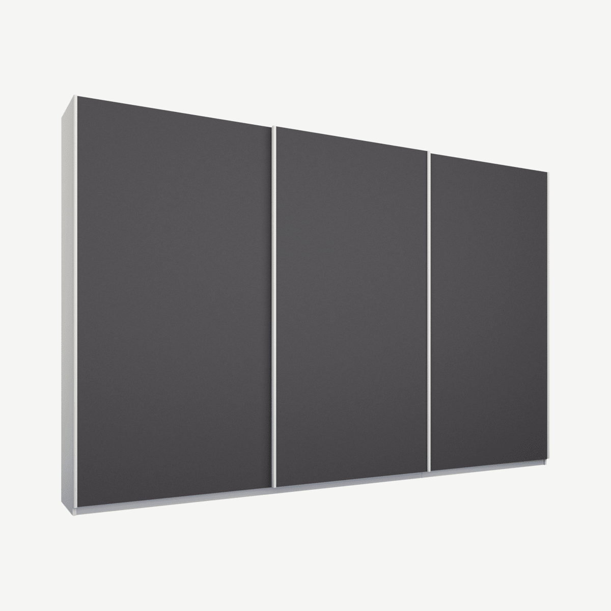 a02f05e3bcd0bc639b130dce259d5a24ab2f25ee_WDIMAL080GRY_UK_Malix_3_door_270cm_Sliding_Wardrobe_White_frame_matte_Graphite_Grey_doors_Stand.png Malix driedeurs kledingkast met schuifdeuren, 270 cm, wit frame, mat grafietgrijze deuren, premium interieur