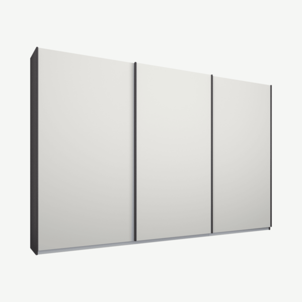 Malix kledingkast met 3 schuifdeuren, 270 cm grafietgrijs frame, matte, witte deuren, standaard binnenkant
