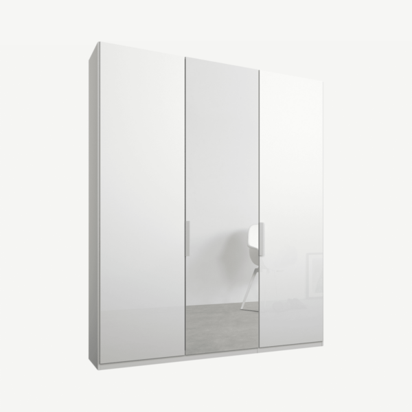 Caren driedeurs kledingkast met handvatten, 150 cm, wit frame, wit glas en spiegeldeuren, klassiek interieur