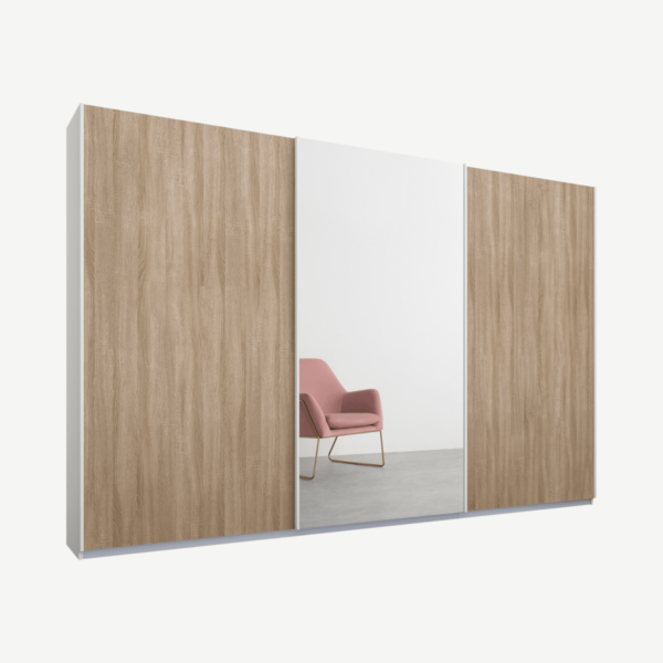 Malix kledingkast met 3 schuifdeuren, 270 cm wit frame, eiken en spiegeldeuren, standaard binnenkant