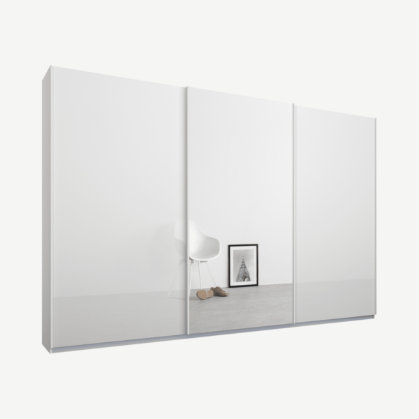 Malix kledingkast met 3 schuifdeuren, 270 cm wit frame, wit glas en spiegeldeuren, standaard binnenkant