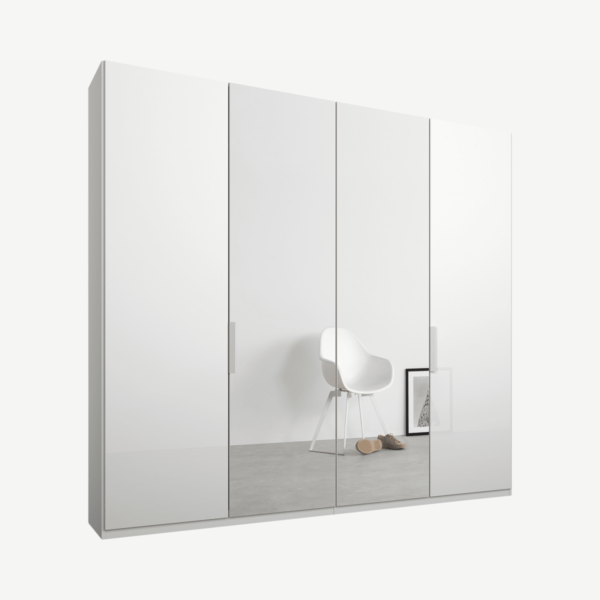 Caren vierdeurs kledingkast met handvatten, 200 cm, wit frame, wit glas en spiegeldeuren, klassiek interieur