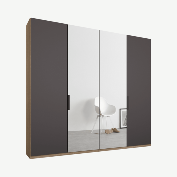 Caren Malix kledingkast met 4 deuren, 200 cm, eiken frame, mat grafietgrijs en spiegeldeuren, standaard