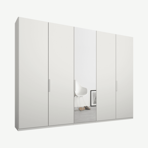 Caren Malix kledingkast met 5 deuren, 250 cm, wit frame, mat wit en spiegeldeuren, standaard