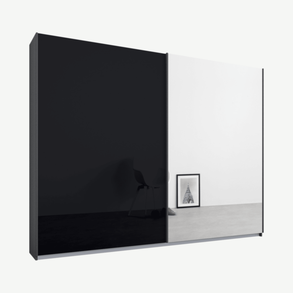 Malix kledingkast met 2 schuifdeuren, 225 cm, grafietgrijs frame, basaltgrijs glas en spiegels, standaard binnenkant