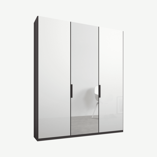Caren driedeurs kledingkast met handvatten, 150 cm, grafietgrijs frame, wit glas en spiegeldeuren, klassiek interieur