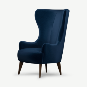 Bodil fauteuil, parelmoerblauw fluweel met donkere houten poten