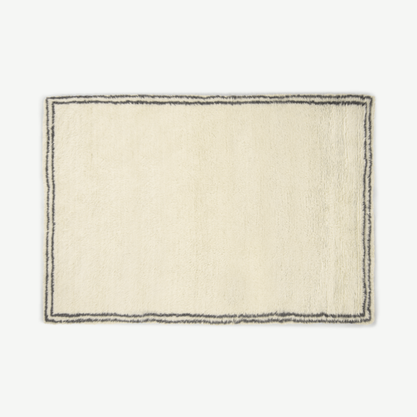 Heijer gewassen shaggy vloerkleed van 100% wol, groot, 160 x 230 cm, roomwit en zwart