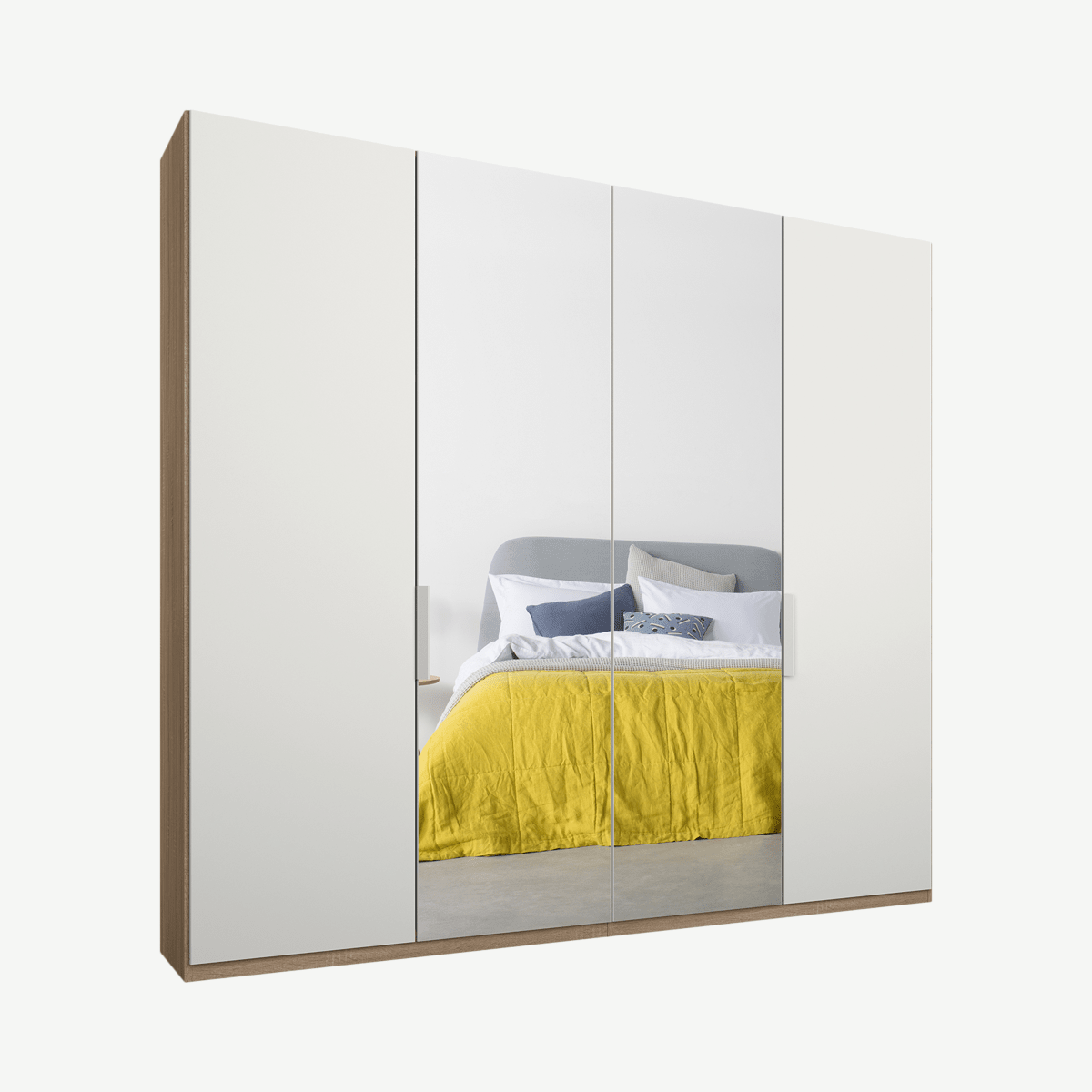 b533c1866b48739634ac84a332b8d940e72ccb39_WDICAR064OMR_UK_Caren_4_door_200cm_Hinged_Wardrobe_Oak_Frame_matte_White_Mirror_Doors_Standard_.png Caren vierdeurs kledingkast met handvatten, 200 cm, eiken frame, matwit en spiegeldeuren, klassiek interieur