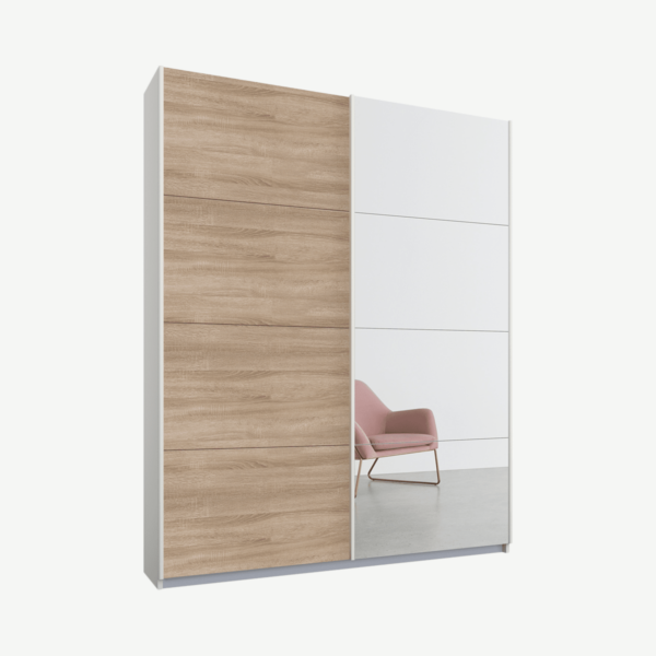 Malix tweedeurs kledingkast met schuifdeuren, 135 cm, wit frame, eiken en spiegeldeuren, premium interieur
