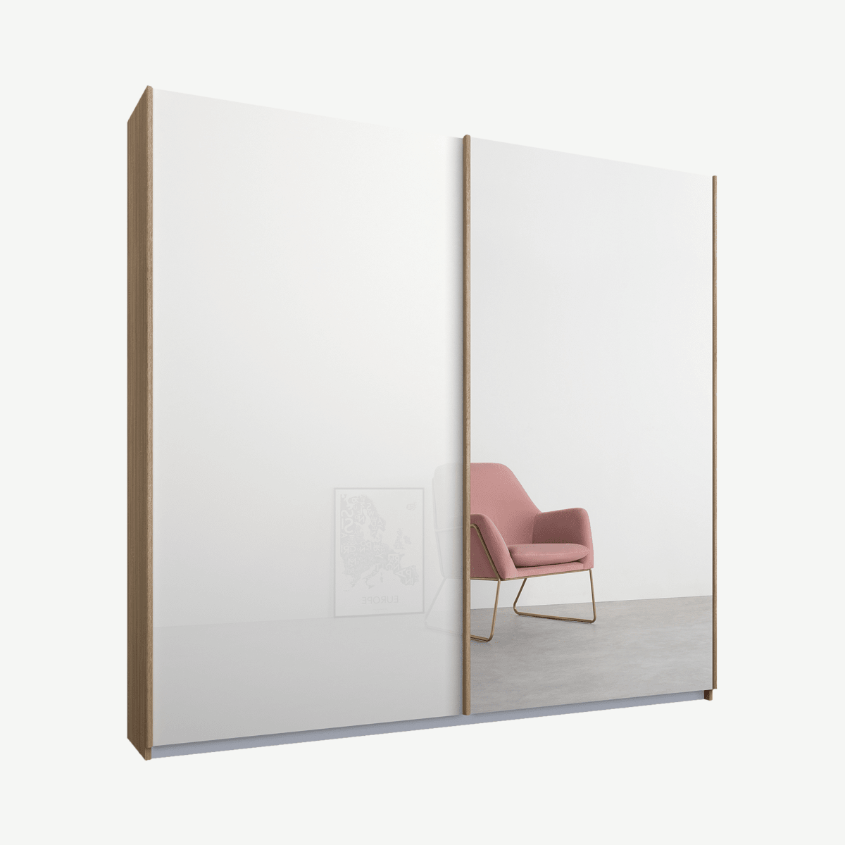 Malix tweedeurs kledingkast met schuifdeuren, 181 cm, eiken frame, wit glas en spiegeldeuren, premium interieur