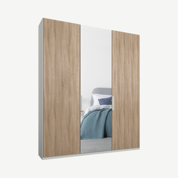 Caren driedeurs kledingkast met handvatten, 150 cm, wit frame, eiken en spiegeldeuren, standaard interieur