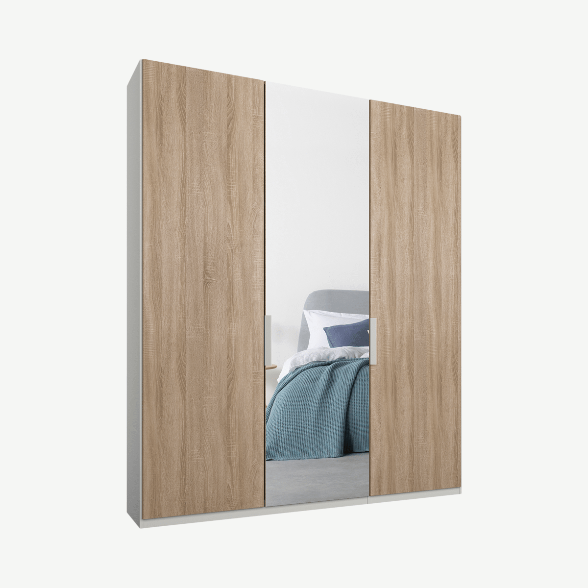 bc8c57ab32db1fdce82e41730f18810b2558a970_WDICAR046GMR_UK_Caren_3_door_150cm_Hinged_Wardrobe_White_Frame_Oak_Mirror_Doors_Standard_Interi.png Caren driedeurs kledingkast met handvatten, 150 cm, wit frame, eiken en spiegeldeuren, premium interieur