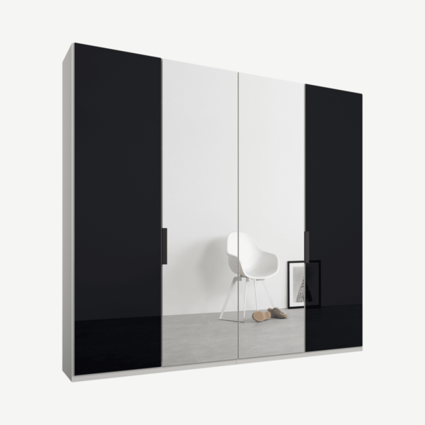 Caren Malix kledingkast met 4 deuren, 200 cm, wit frame, basaltgrijs glas en spiegels, standaard