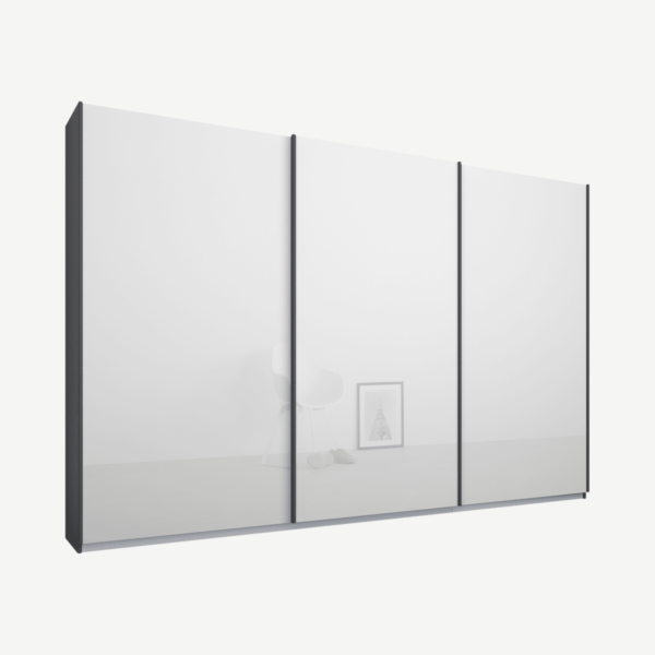Malix kledingkast met 3 schuifdeuren, 270 cm grafietgrijs frame, witte, glazen deuren, standaard binnenkant