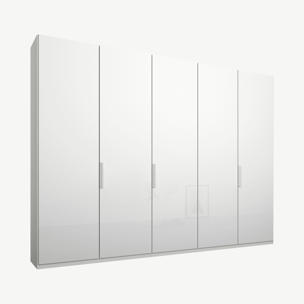 c6122a6cab0fc43babd4c09e2f7d79b5b58cee60_WDICAR107WHG_UK_Caren_5_door_250cm_Hinged_Wardrobe_White_Frame_White_Glass_Doors_Standard_Inter.png Caren vijfdeurs kledingkast met handvatten, 250 cm, wit frame, witte glazen deuren, klassiek interieur