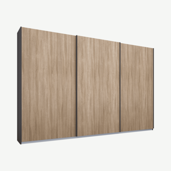 Malix driedeurs kledingkast met schuifdeuren, 270 cm, grafietgrijs frame, eiken deuren, klassiek interieur