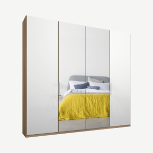 Caren vierdeurs kledingkast met handvatten, 200 cm, eiken frame, wit glas en spiegeldeuren, premium interieur