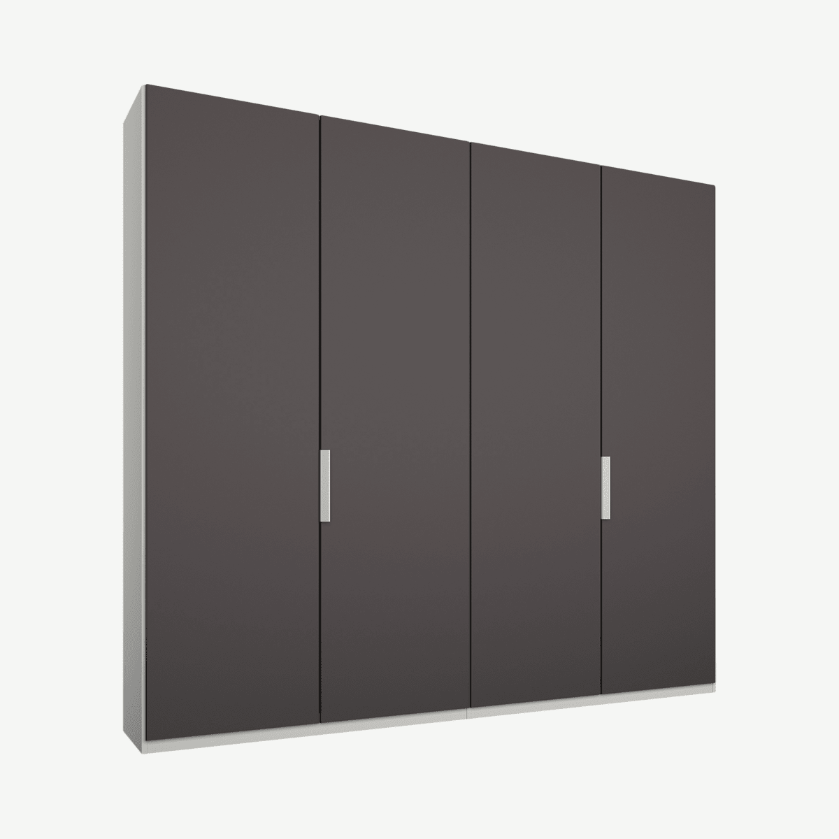 cba5e76483c72f038de12285c0c8dad2a4514e1d_WDICAR073GRY_UK_Caren_4_door_200cm_Hinged_Wardrobe_White_Frame_matte_Graphite_Grey_Doors_Standa.png Caren vierdeurs kledingkast met handvatten, 200 cm, wit frame, mat grafietgrijze deuren, premium interieur
