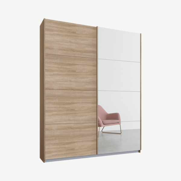 Malix tweedeurs kledingkast met schuifdeuren, 135 cm, eiken frame, eiken en spiegeldeuren, standaard interieur