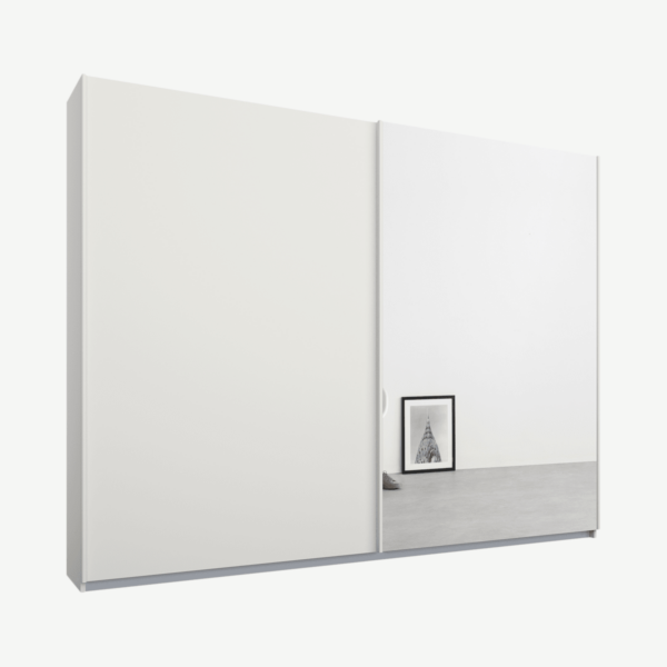 Malix tweedeurs kledingkast met schuifdeuren, 225 cm, wit frame, matwit en spiegeldeuren, premium interieur