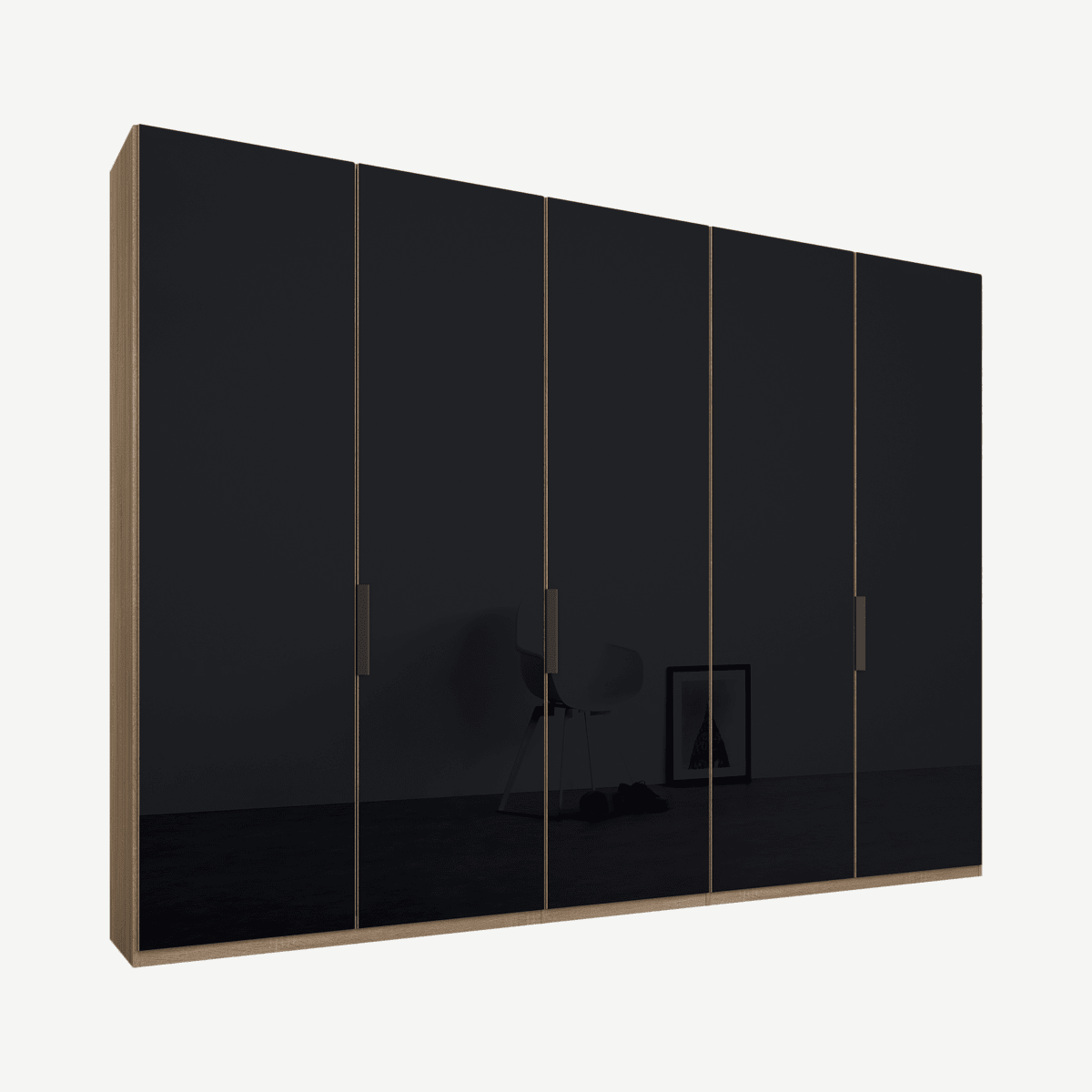 d4503e969f4d83ab3d68f2a824a56855265016fc_WDICAR099GRG_UK_Caren_5_door_250cm_Hinged_Wardrobe_Oak_Frame_Basalt_Grey_Glass_Doors_Standard_I.png Caren Malix kledingkast met 5 deuren, 250 cm, eiken frame, basaltgrijs glazen deuren, standaard