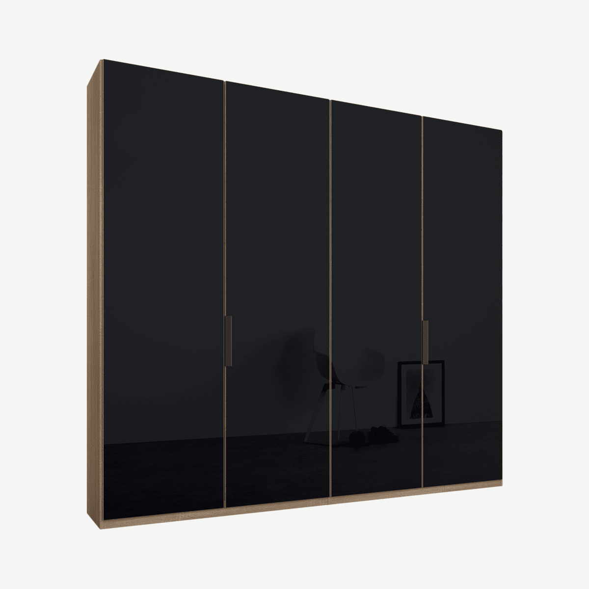 d5a5be7d87f9a95425bb62a73099b677d370888d_WDICAR069GRG_UK_Caren_4_door_200cm_Hinged_Wardrobe_Oak_Frame_Basalt_Grey_Glass_Doors_Standard_I.png Caren vierdeurs kledingkast met handvatten, 200 cm, eiken frame, basaltgrijze glazen deuren, klassiek interieur