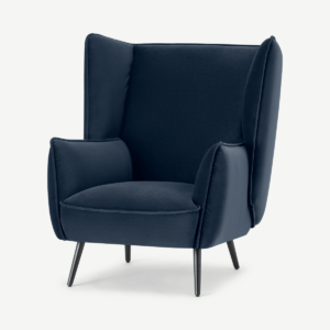 Linden fauteuil, oceaanblauw fluweel met zwarte metalen poten