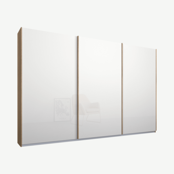 Malix driedeurs kledingkast met schuifdeuren, 270 cm, eiken frame, witte glazen deuren, klassiek interieur