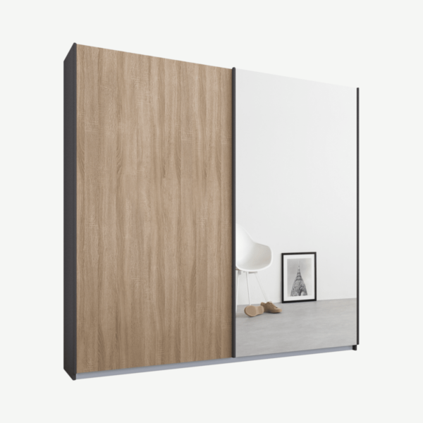 Malix tweedeurs kledingkast met schuifdeuren, 181 cm, grafietgrijs frame, eiken en spiegeldeuren, klassiek interieur