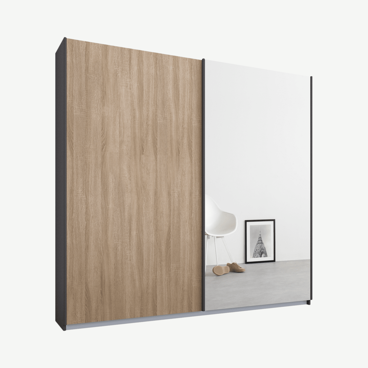 e83af12ef68ecfd8ed2d31411e91703bf4cc61f9_WDIMAL026OMR_UK_Malix_2_door_181cm_Sliding_Wardrobe_Graphite_Grey_frame_Oak_Mirror_doors_Standa.png Malix tweedeurs kledingkast met schuifdeuren, 181 cm, grafietgrijs frame, eiken en spiegeldeuren, premium interieur