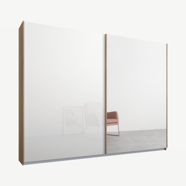 Malix kledingkast met 2 schuifdeuren, 225 cm, eiken frame, wit glas en spiegeldeuren, standaard binnenkant
