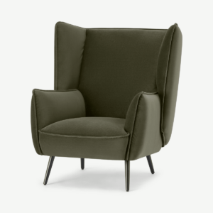 Linden fauteuil, pistachegroen fluweel met zwarte metalen poten
