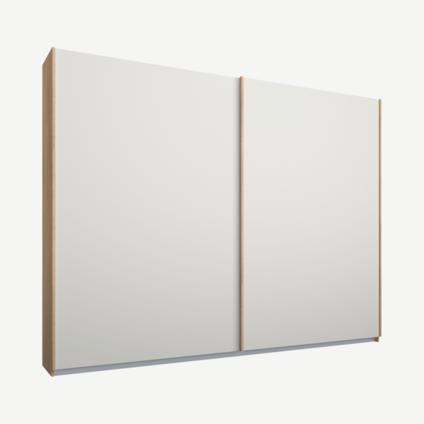 Malix kledingkast met 2 schuifdeuren, 225 cm, eiken frame, matte, witte deuren, standaard binnenkant